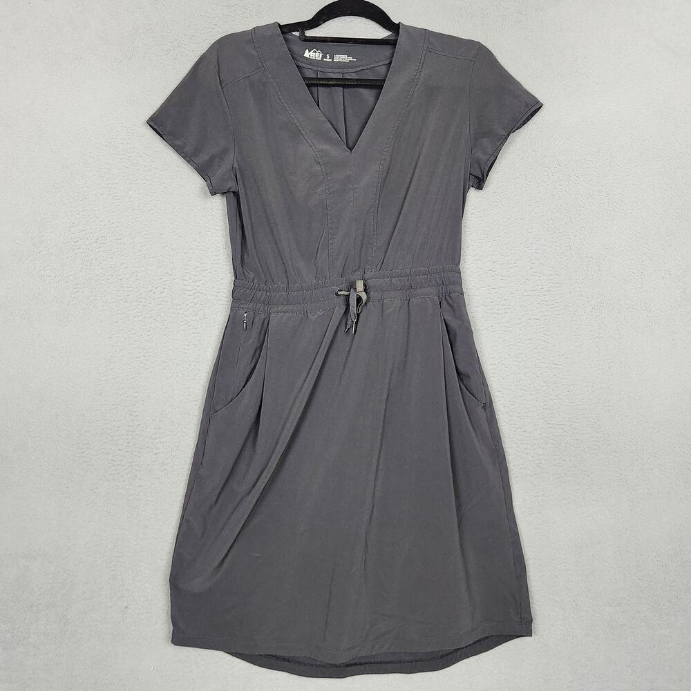 REI Co-op Dress Womens Small Black Short Sleeve V Neck Drawstring Pockets Travel